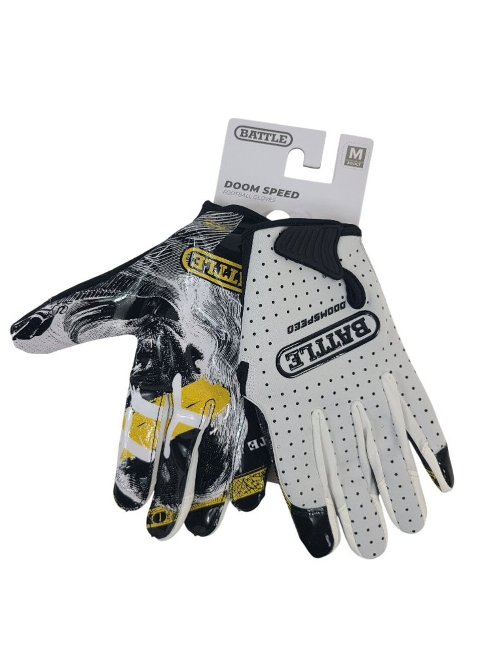Battle Doom Speed Football Gloves Sz M Adult Superstick Grip Black/White/Yellow